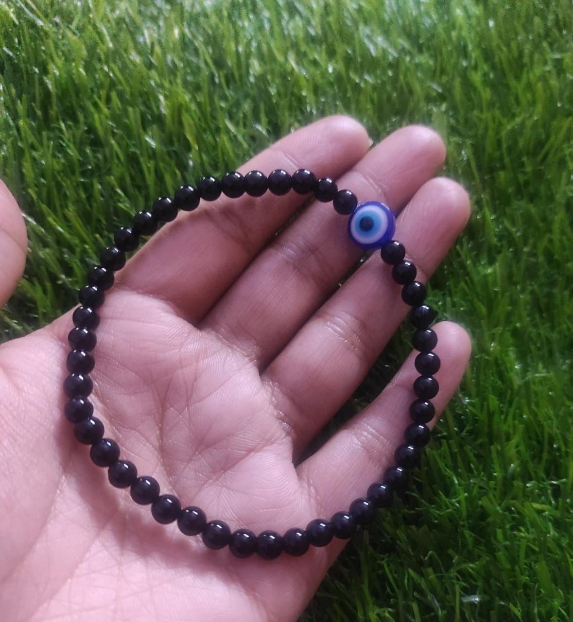 Black Tourmaline Anklet with Evil Eye
